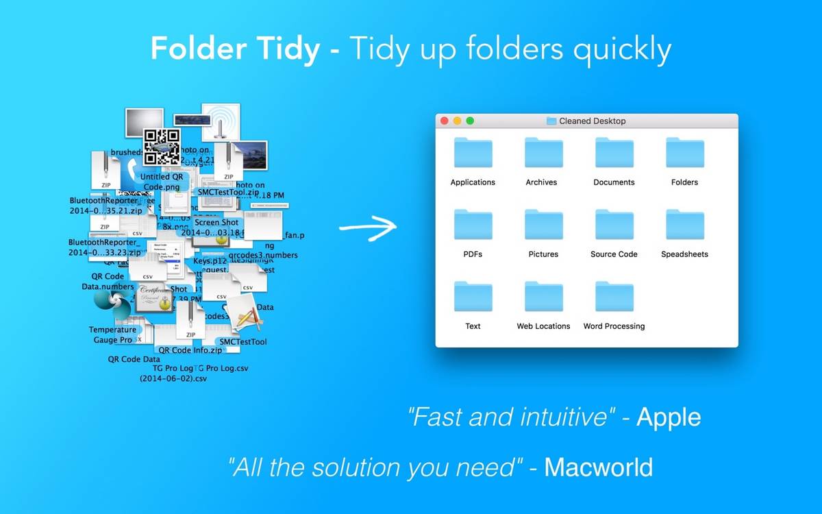 Ein Werbebild für Folder Tidy Mac, das seine Fähigkeiten zeigt