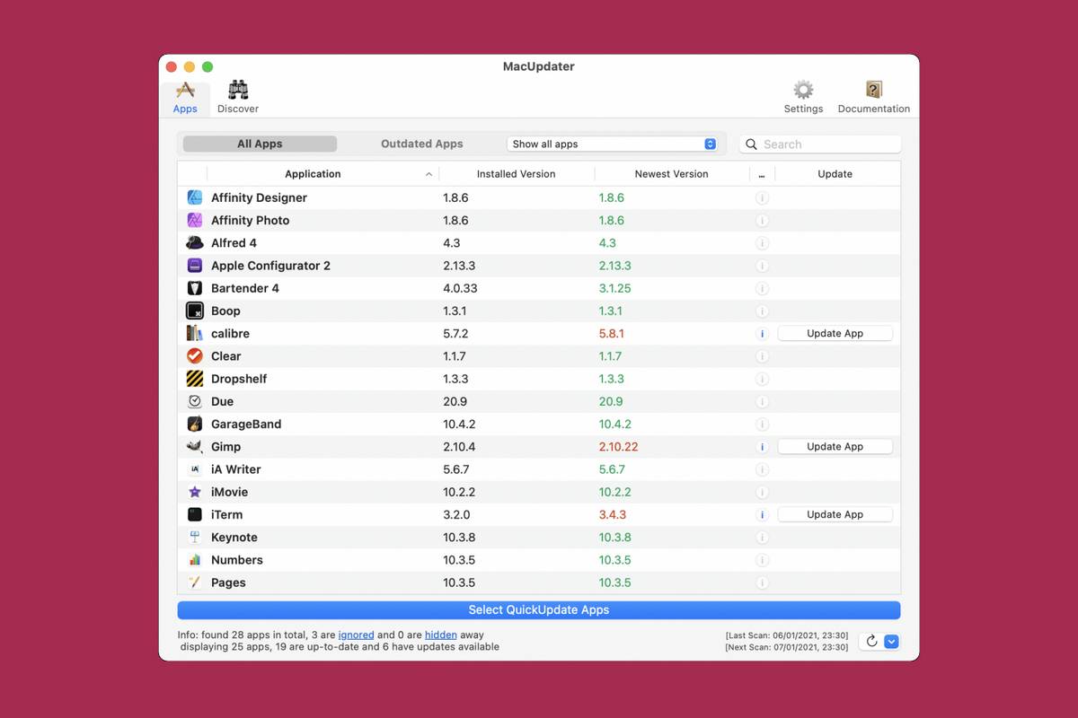 Die MacUpdater Mac-App zeigt den Hauptbildschirm mit den Apps, die aktualisiert werden können