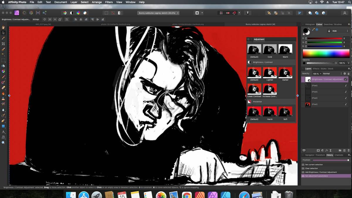 Screenshot von Affinity Photo - schwarz-weiß gezeichneter Mann auf rotem Hintergrund