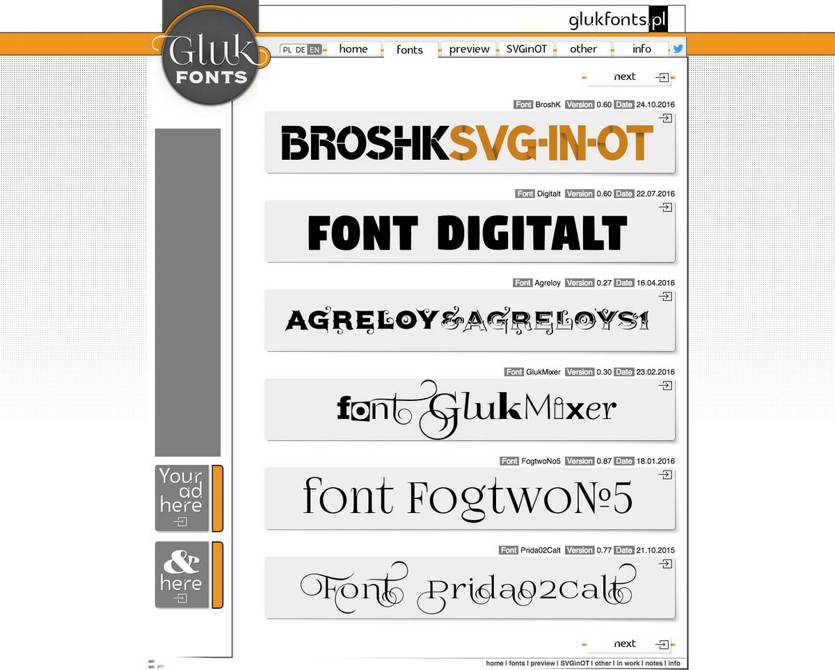Ein Screenshot von Glukfonts, einer der besten Seiten zum Herunterladen kostenloser Schriftarten