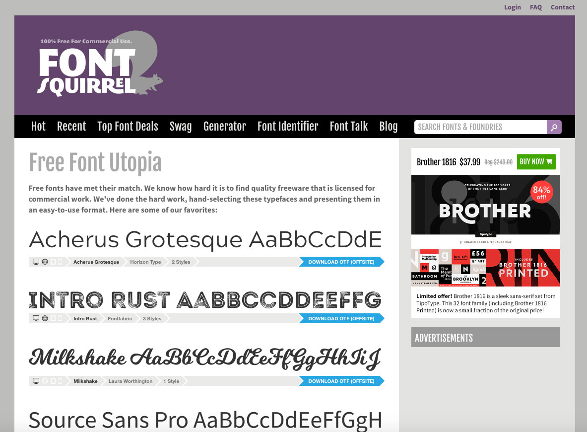 Ein Screenshot von Font Squirrel, einer der besten Seiten, um kostenlose Schriftarten herunterzuladen