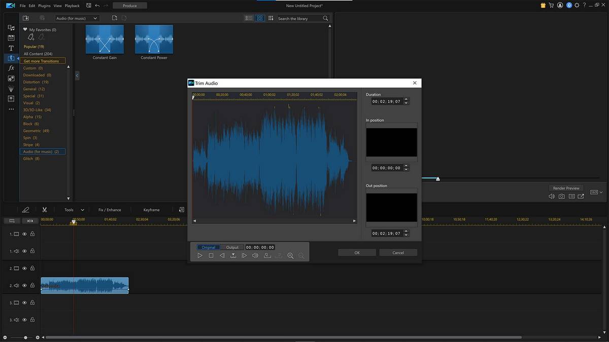 Software zur Bearbeitung von Videos für YouTube Powerdirector Screenshot der Software, die blaue Schallwellen anzeigt