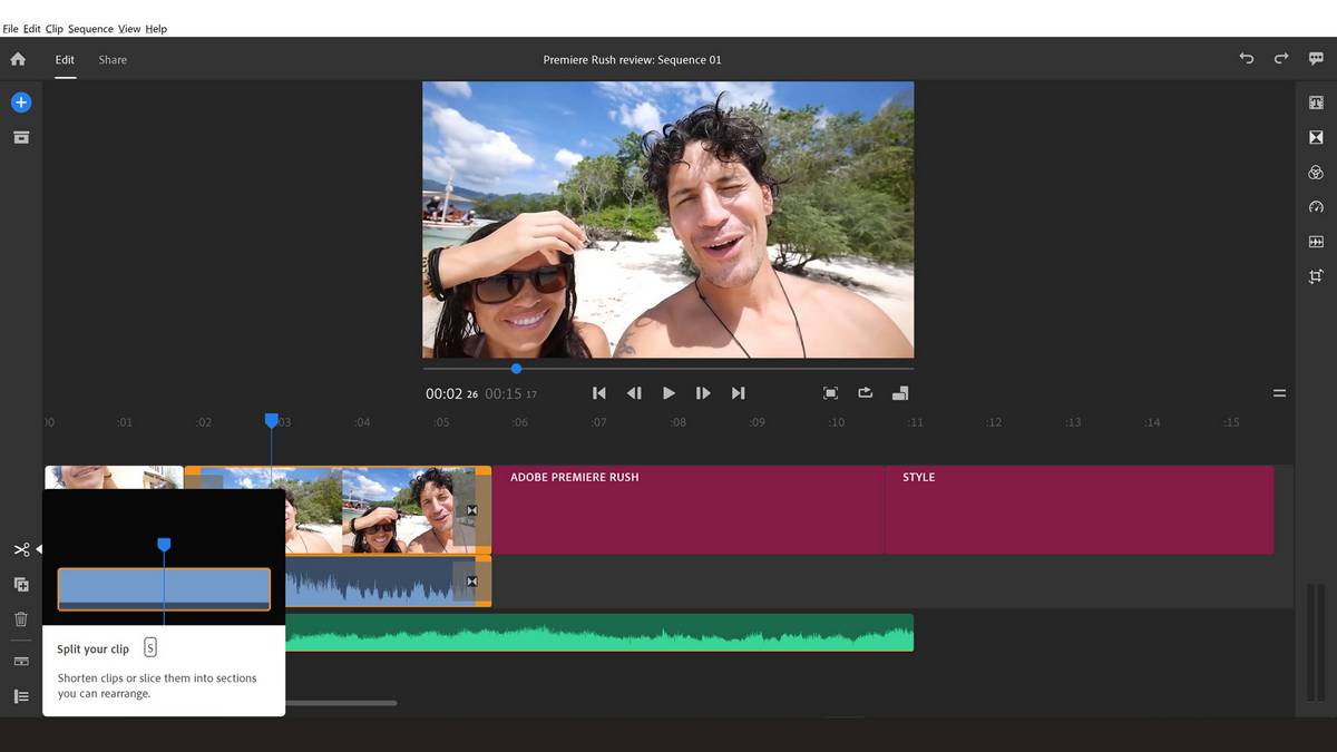 Software zum Bearbeiten von Videos für YouTube Adobe Rush Screenshot der Software mit Bild von zwei Personen am Strand