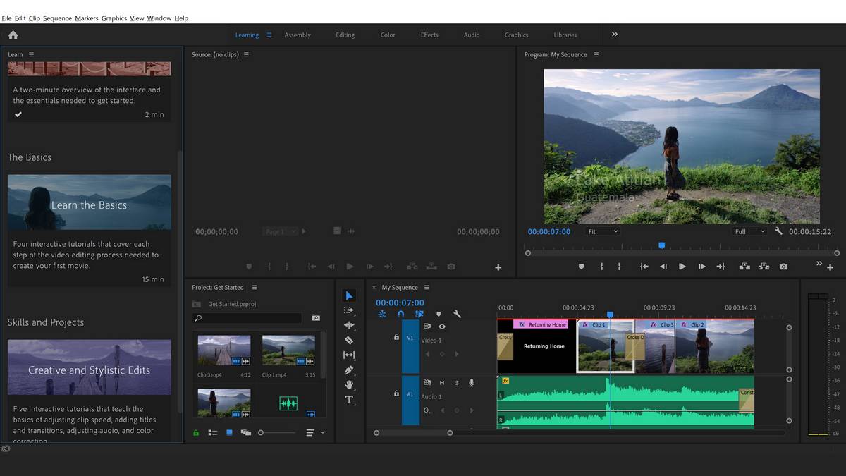 Software für die Bearbeitung von Videos für YouTube Adobe Premiere Pro Screenshot von Premiere Pro mit einem Bild einer Person auf einem Hügel