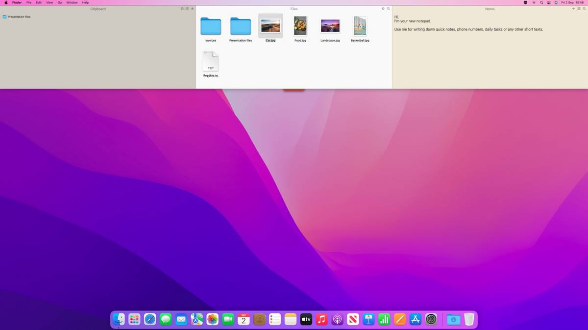Die Unclutter Mac-App zeigt das Overlay mit den Dateien und dem Inhalt der Zwischenablage